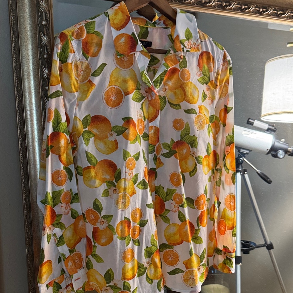 Talbots Citrus Print Shirt with Green Leaves